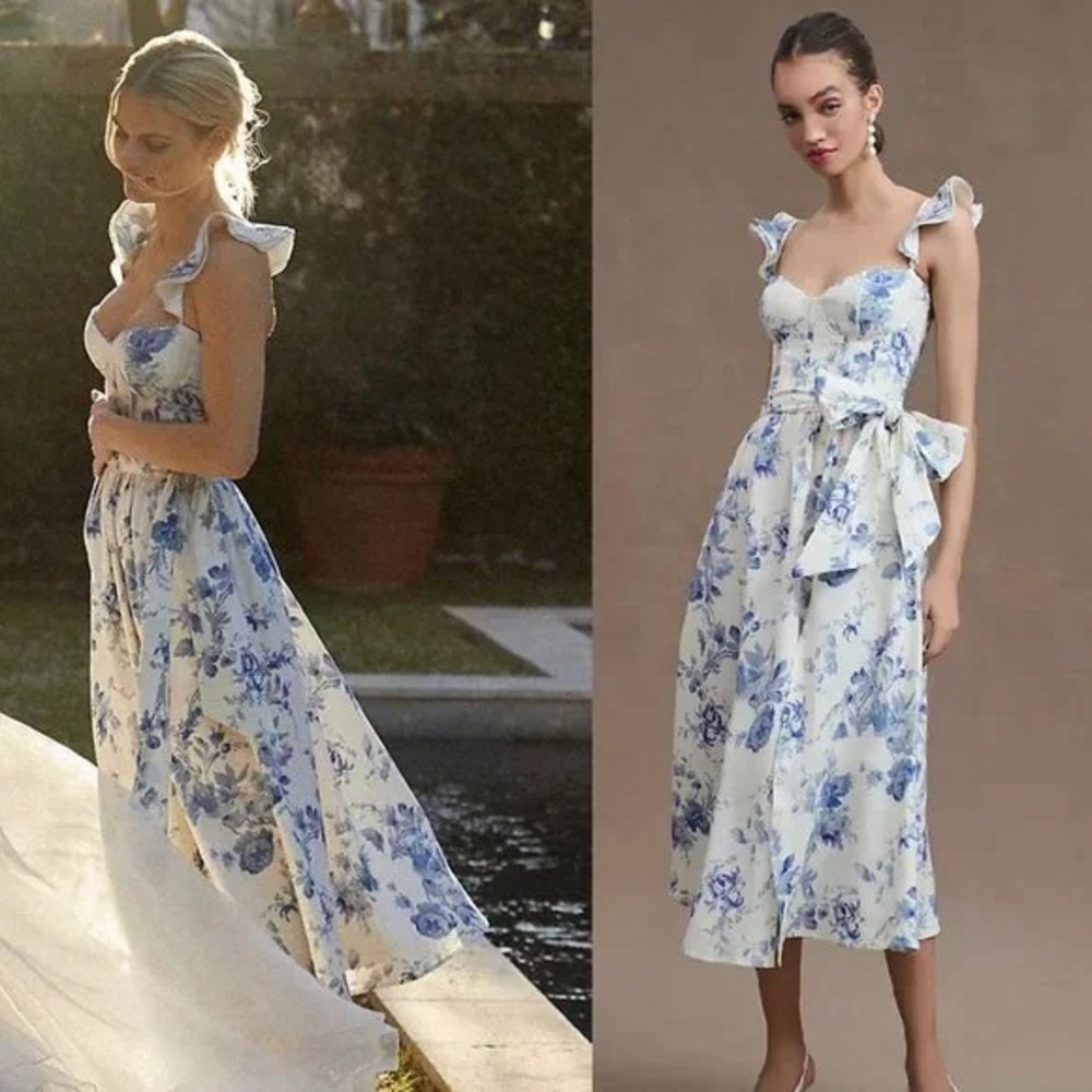 NWT V Chapman Vera Ruffle Strap Corset Side Slit Midi Dress in Provencal 10